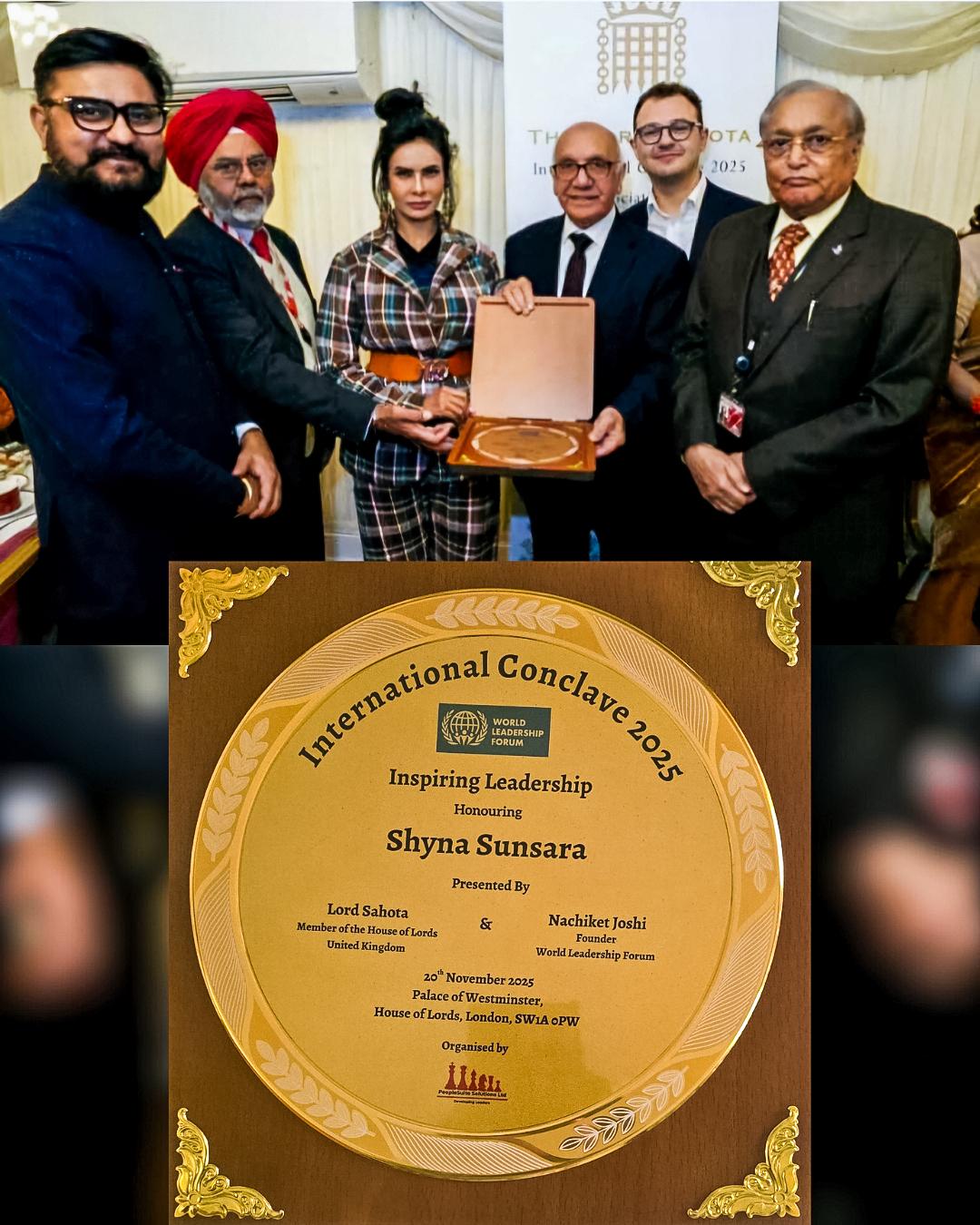 The World Leadership Forum honored Ms. Shyna Sunsara, twin sister of Col. Sofiya Qureshi, with the Leadership Award at the International Conclave 2025 held at the historic UK Parliament, House of Lords, London.
